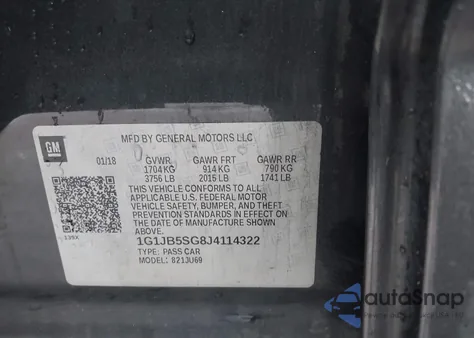 2018 Chevrolet Sonic Ls Auto из США, поврежденный, VIN 1G1JB5SG8J4114322